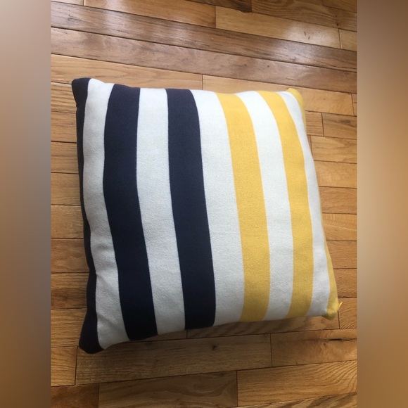 Knitted striped decorative throw pillow. Yellow, navy & cream. - Picture 5 of 8